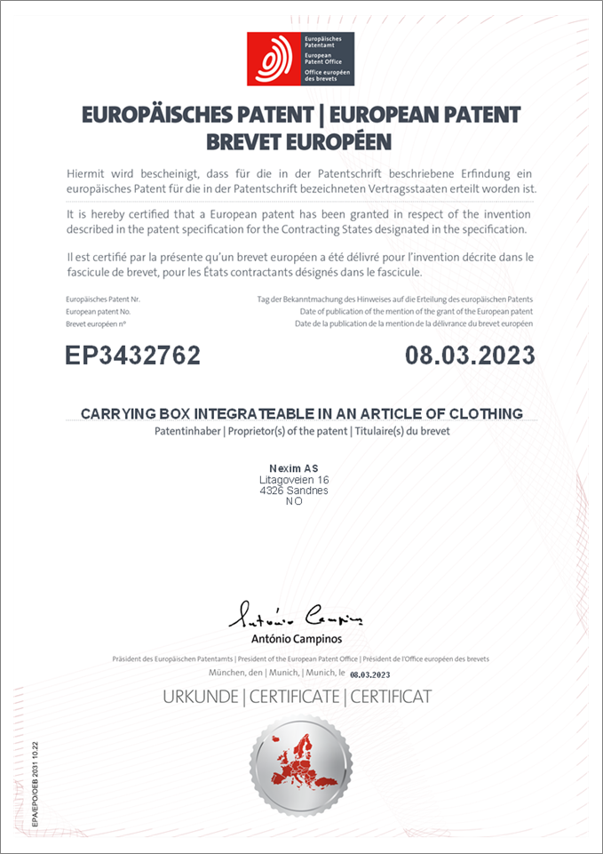 Patent Europa sertifisering bilde EP3432762 B1